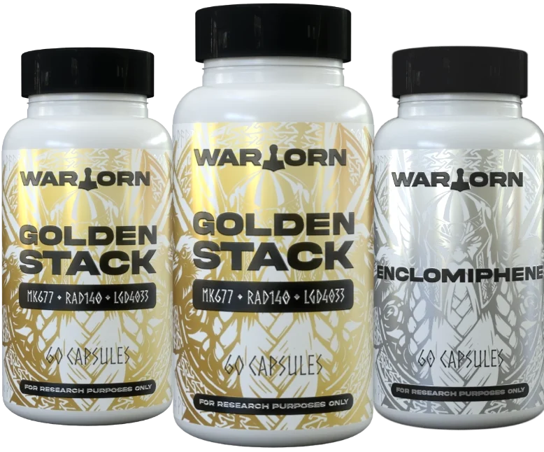 2 x Golden Stack and 1 x Enclomiphene research compound bottles
