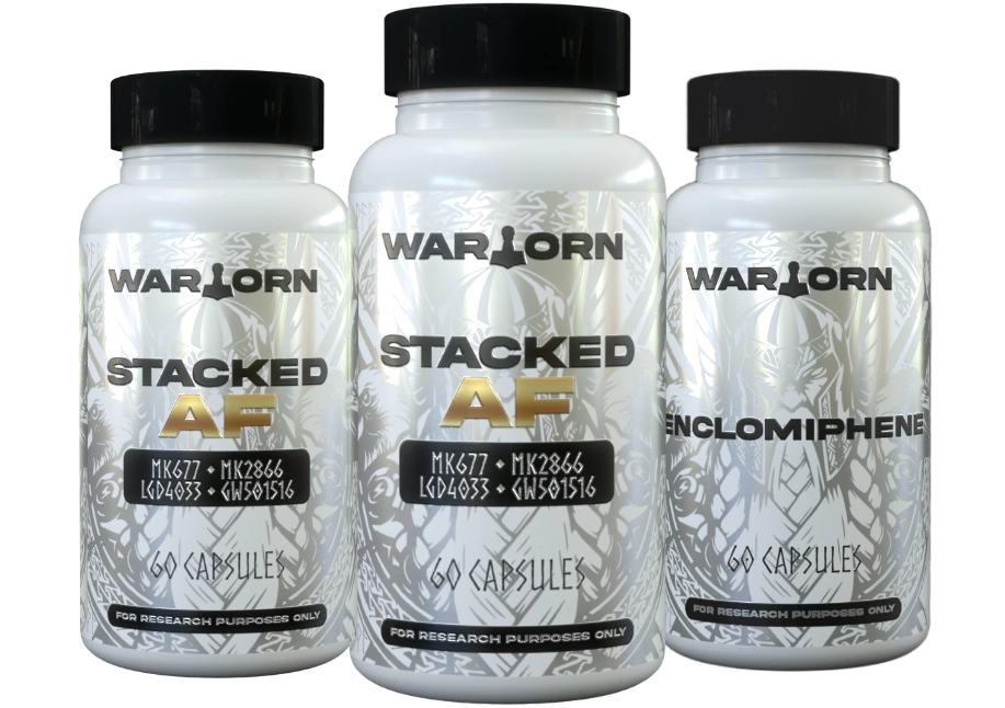 2 x Stacked AF and 1 x Enclomiphene research compound bottles